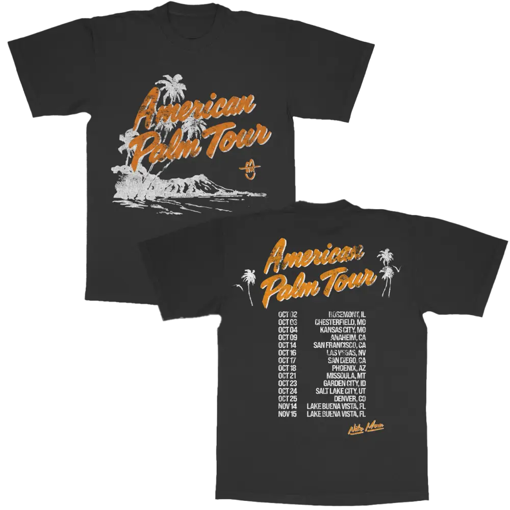 Black t-shirt with 'American Palm Tour' design on a white background
