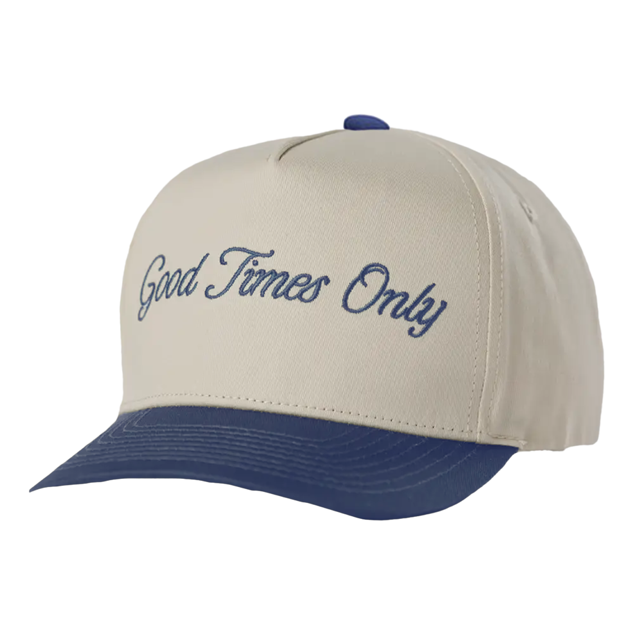 Beige cap with blue brim and 'Good Times Only' text on a white background