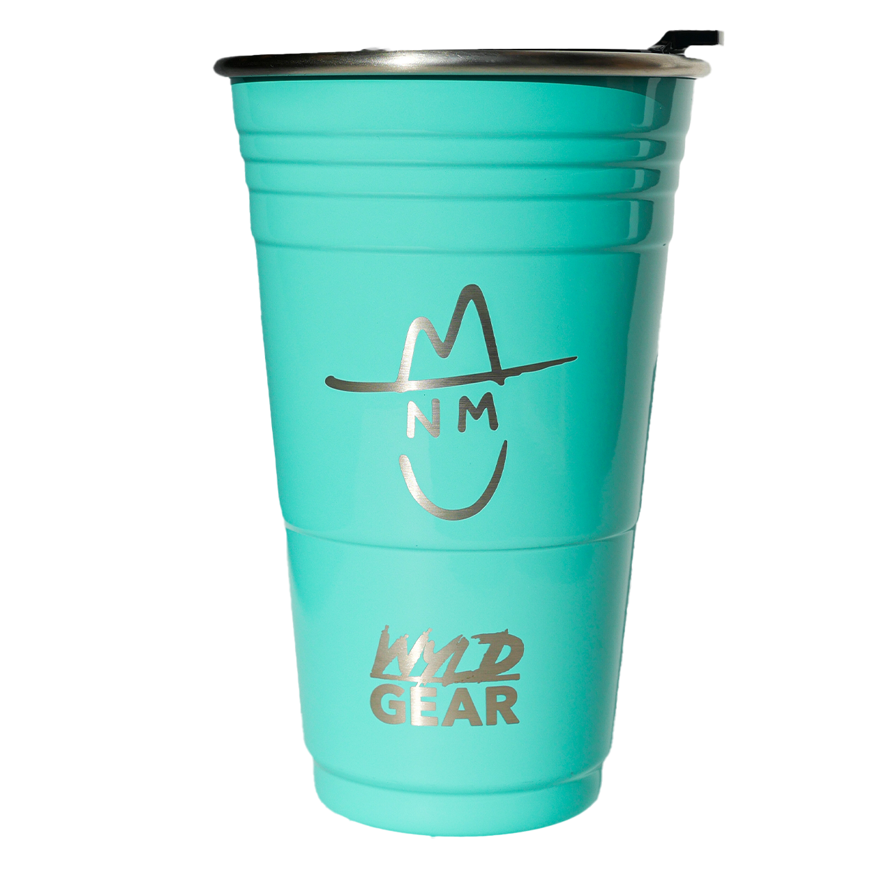 Turquoise tumbler with 'Wild Gear' branding on a white background