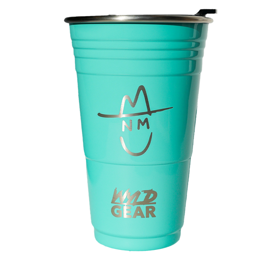 Turquoise tumbler with 'Wild Gear' branding on a white background