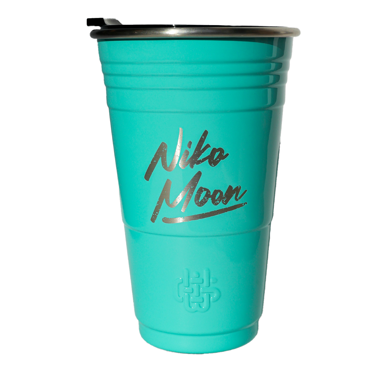 Turquoise tumbler with 'Niko Moon' branding on a white background