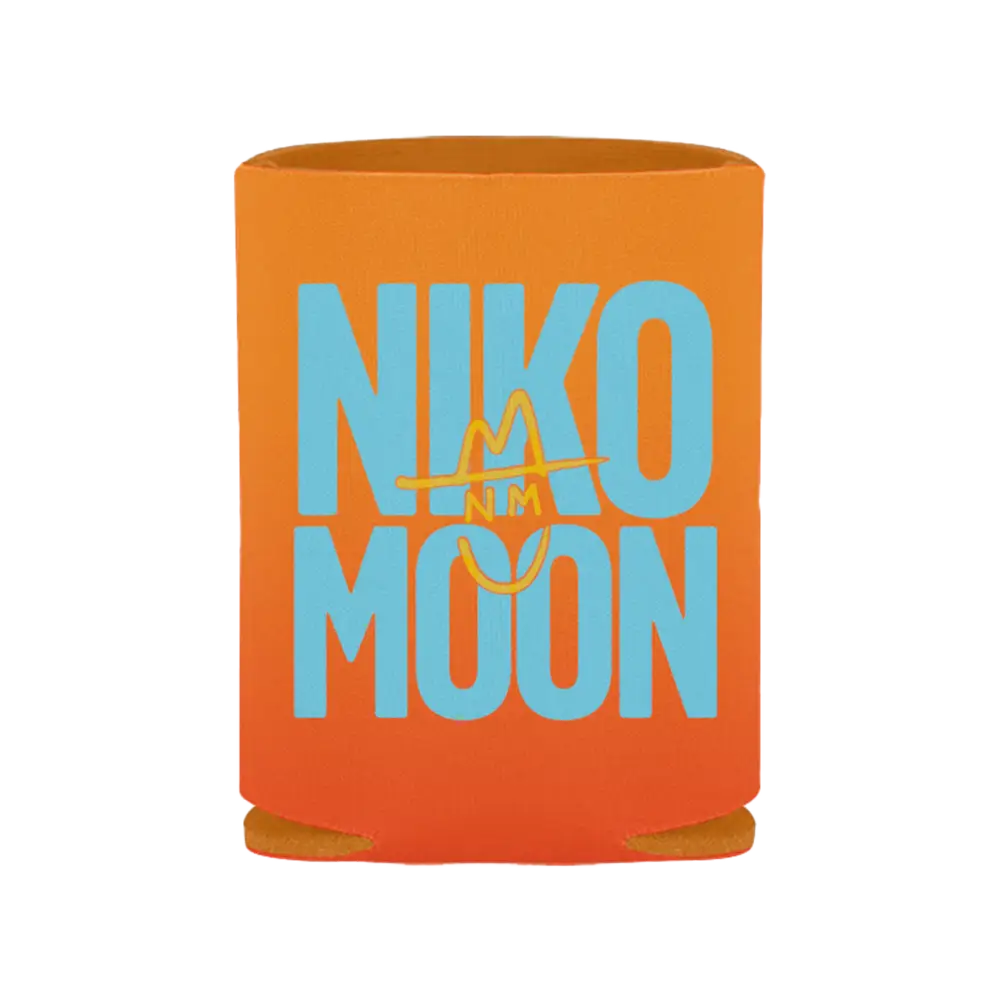 Orange drink koozie with ’NIKO MOON’ printed in light blue text.
