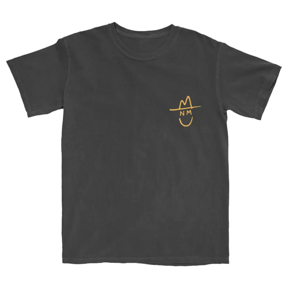 Dark gray t-shirt with a small yellow smiley face design on the chest.