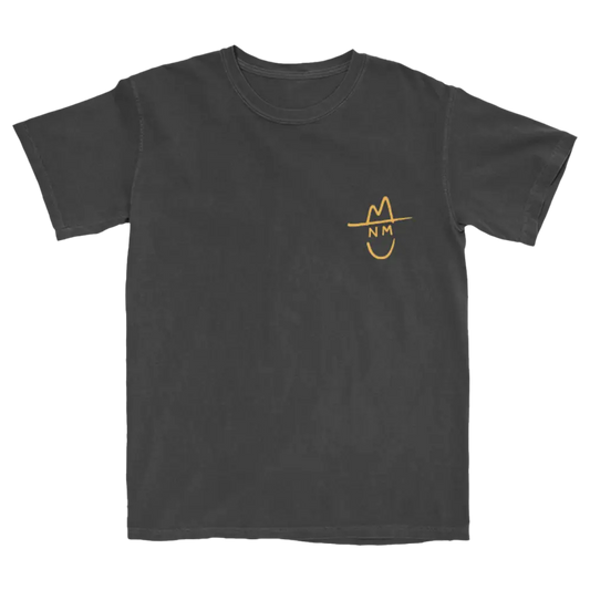 Dark gray t-shirt with a small yellow smiley face design on the chest.