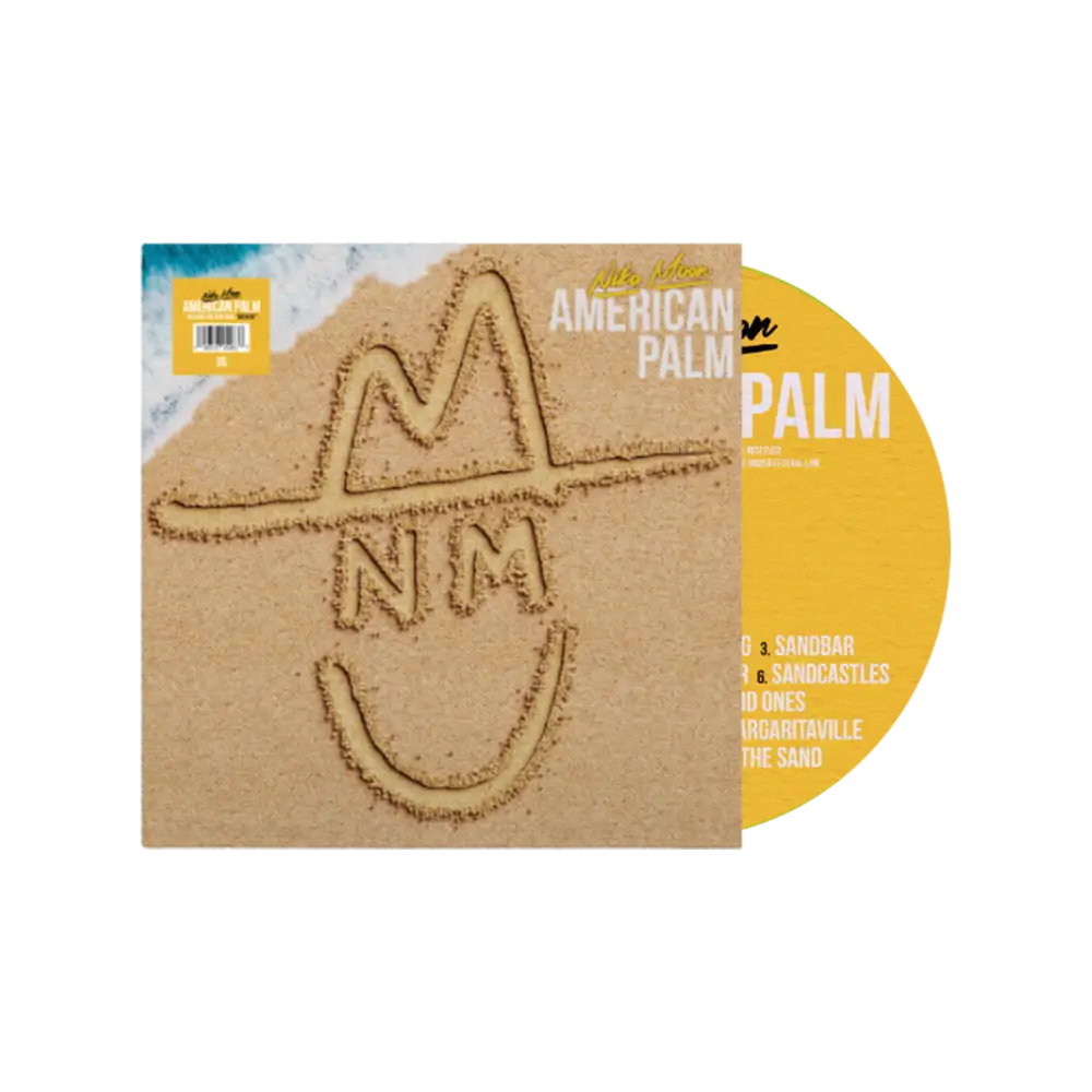 Vinyl record with sand art design and text on a white background