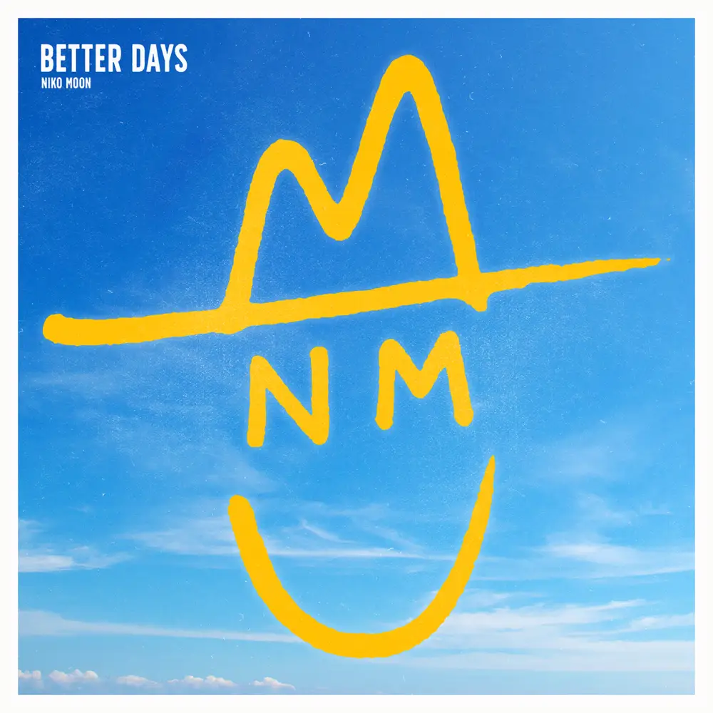 Yellow smiley face with ’NM’ eyes and a mountain-shaped hat against a blue sky background.