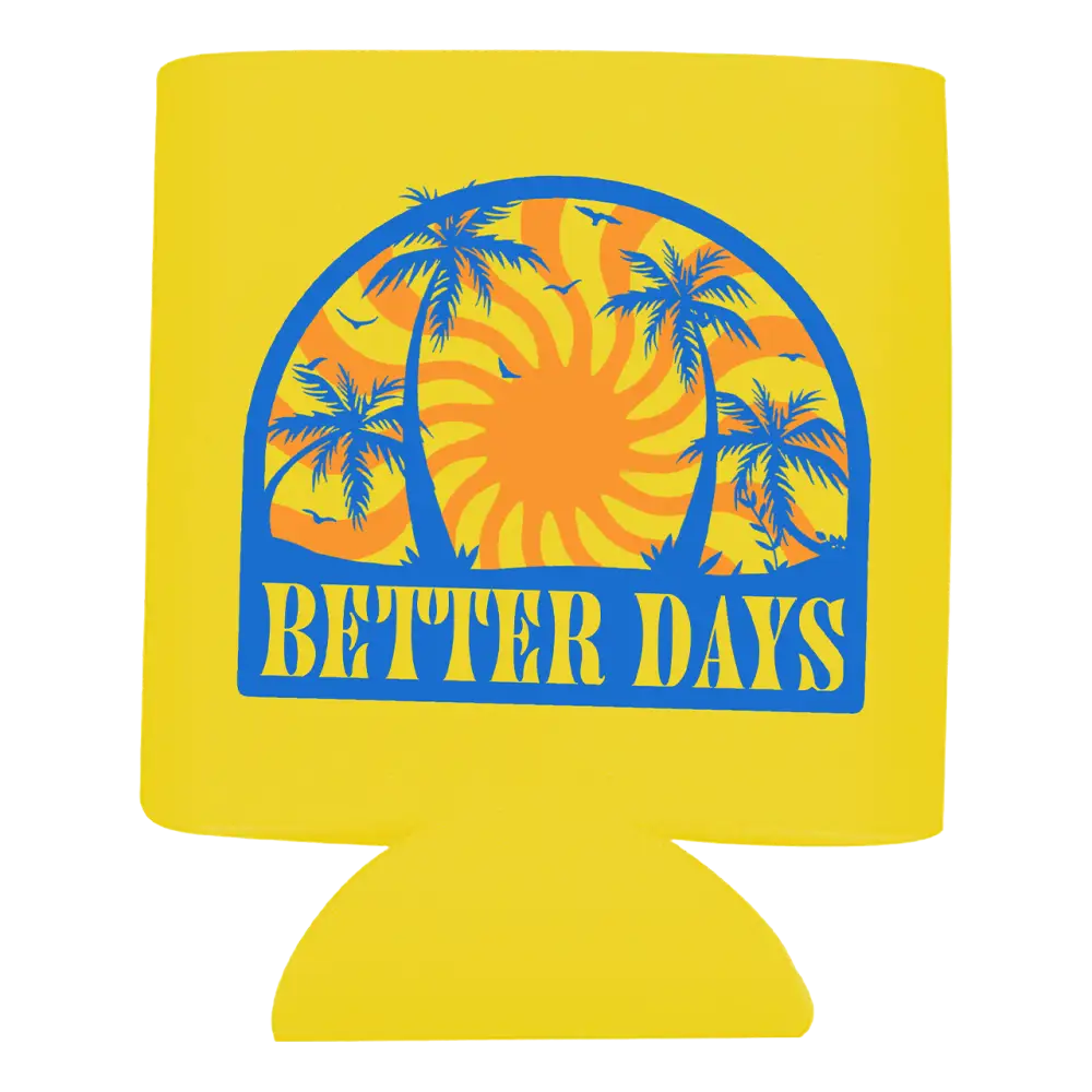 Yellow can cooler with a tropical ’Better Days’ design featuring palm trees and a sun.