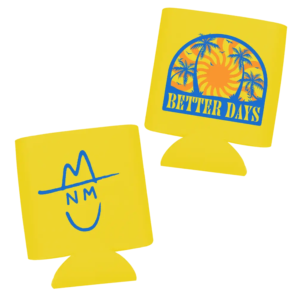 Two yellow foam can coolers with blue designs printed on them.