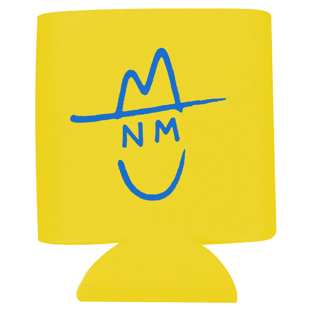 Yellow can cooler with a blue smiley face logo wearing a cowboy hat.