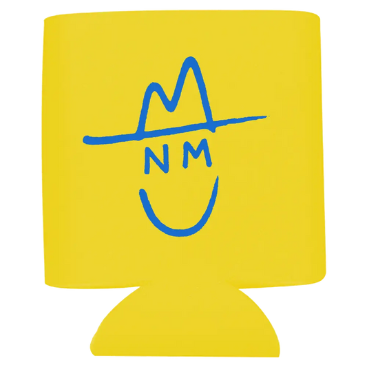 Yellow can cooler with a blue smiley face logo wearing a cowboy hat.