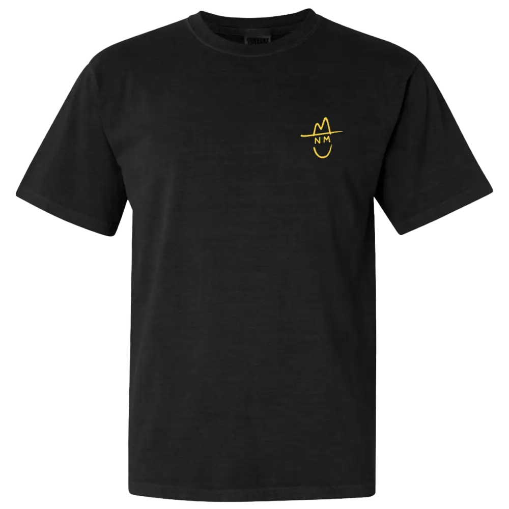 Black t-shirt with a small yellow logo on the chest.