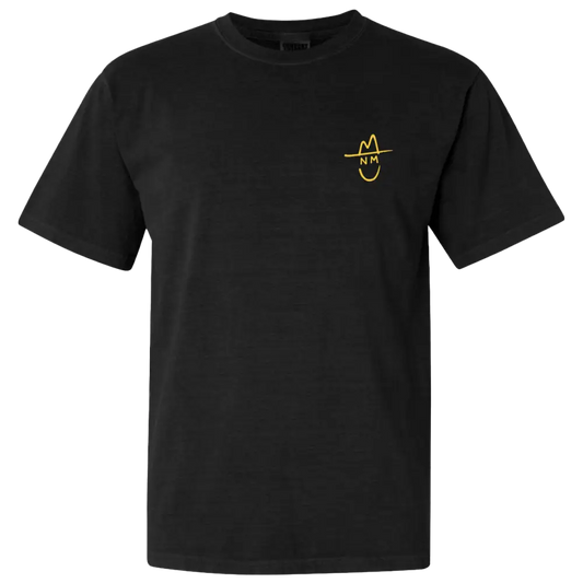 Black t-shirt with a small yellow logo on the chest.