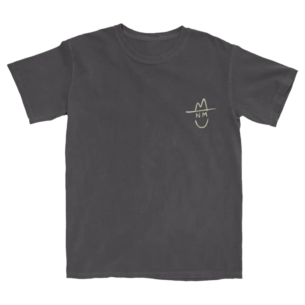 Dark gray t-shirt with a simple line drawing of a smiling face on the chest.