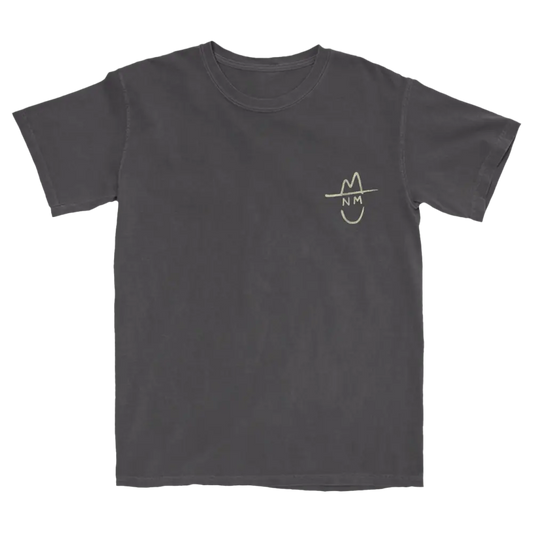 Dark gray t-shirt with a simple line drawing of a smiling face on the chest.