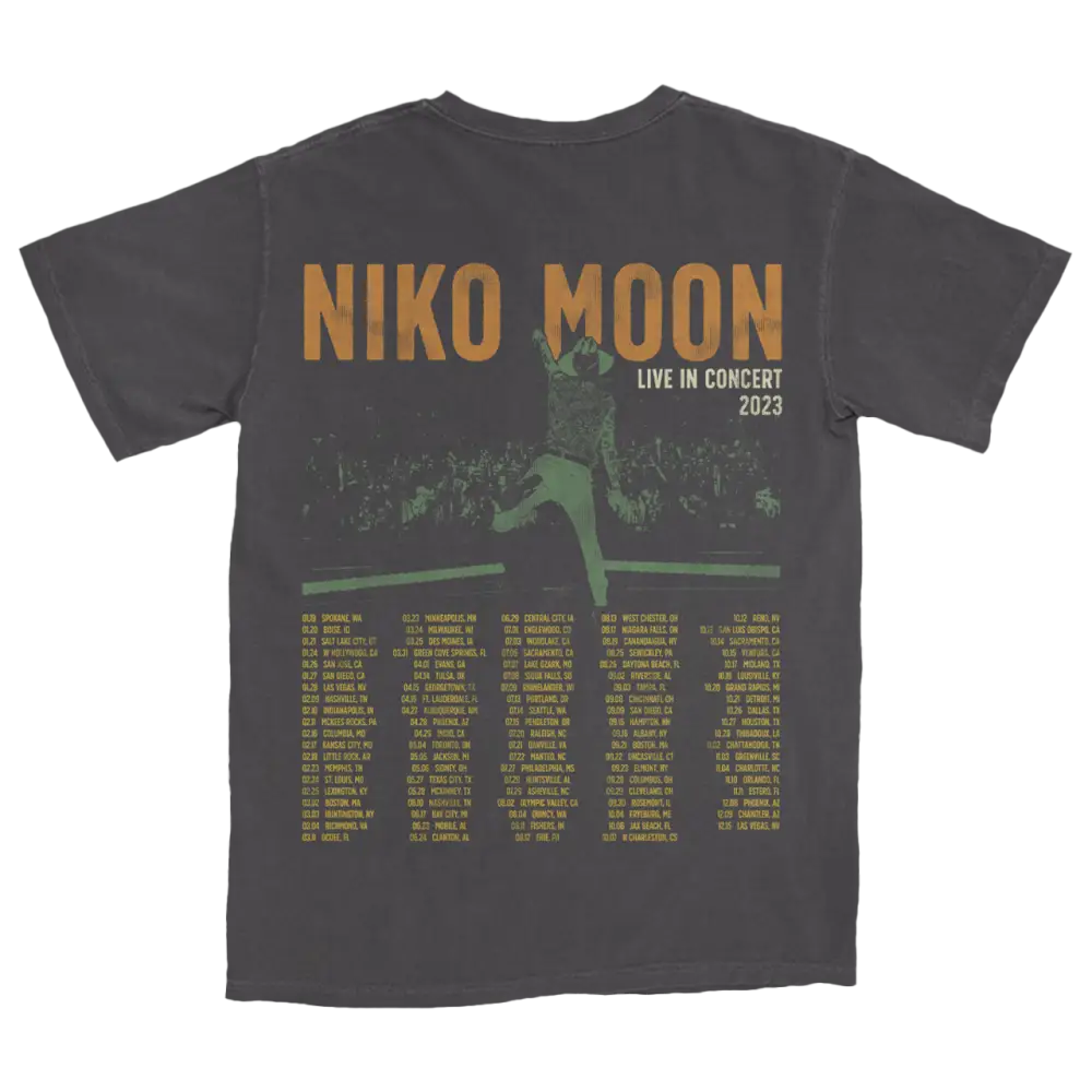 Dark gray t-shirt with ’Niko Moon Live in Concert 2023’’ tour dates printed on the back.