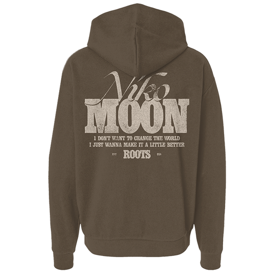 A brown pullover hoodie shown from the back, featuring a distressed white graphic print with the text 'Who MOON' and 'I DON'T WANT TO CHANGE THE WORLD I JUST WANT TO MAKE IT A LITTLE BETTER BY ROOTS'.