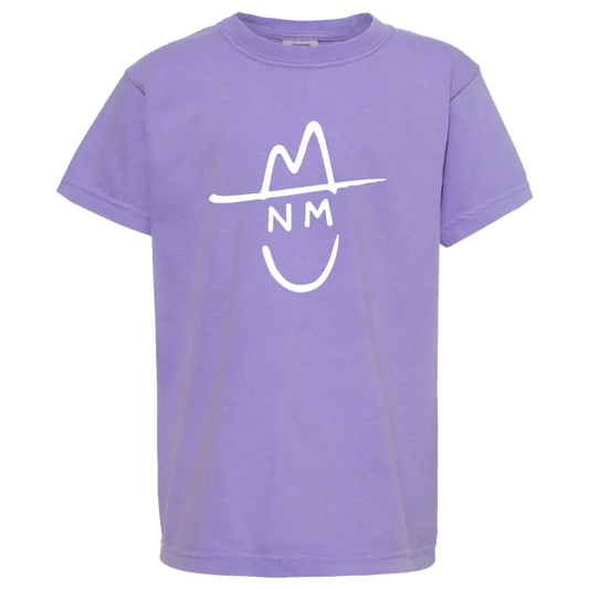 Lavender t-shirt with white graphic.