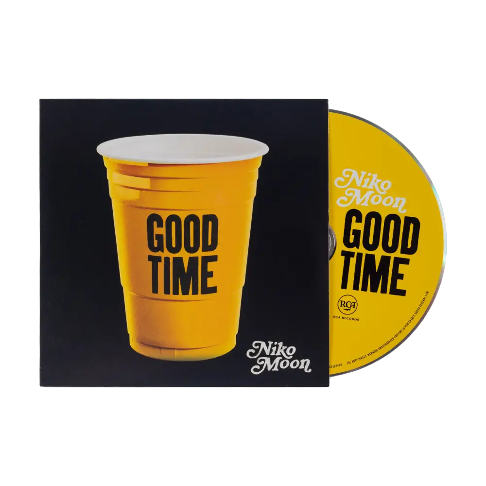 Yellow plastic cup with ’GOOD TIME’ printed on it, alongside a matching CD or DVD.