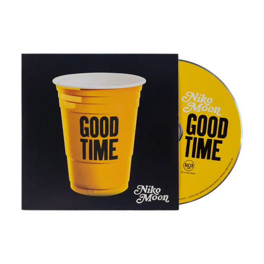 Yellow plastic cup with ’GOOD TIME’ printed on it, alongside a matching CD or DVD.