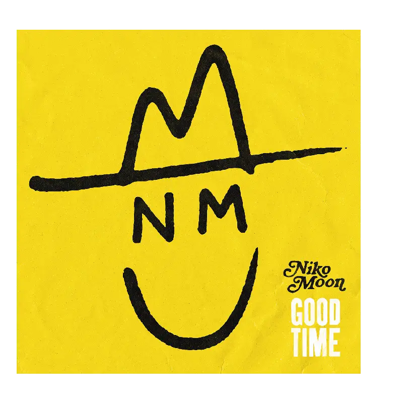 Simple black line drawing of a smiling face wearing a cowboy hat on a yellow background, with text ’Niko Moon GOOD TIME’ below.