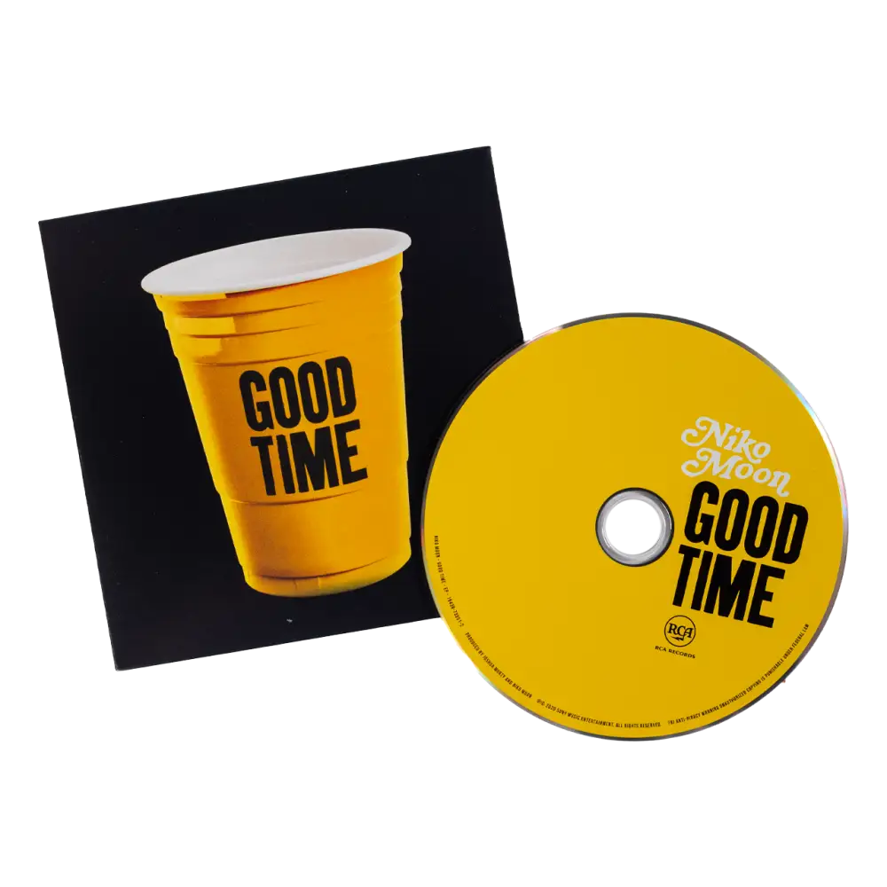 Yellow CD and album cover featuring a beer cup design with ’GOOD TIME’ text.