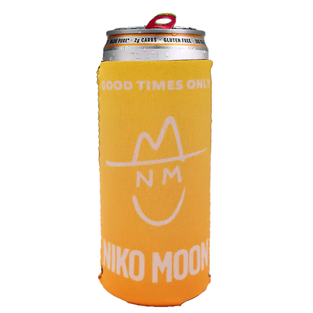 Yellow beverage can with ’Niko Moon’ branding and a cowboy hat logo.