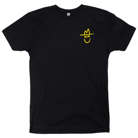 Black t-shirt with a small yellow smiley face design on the chest.