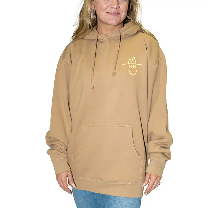 Beige hoodie sweatshirt with a simple graphic logo on the chest.