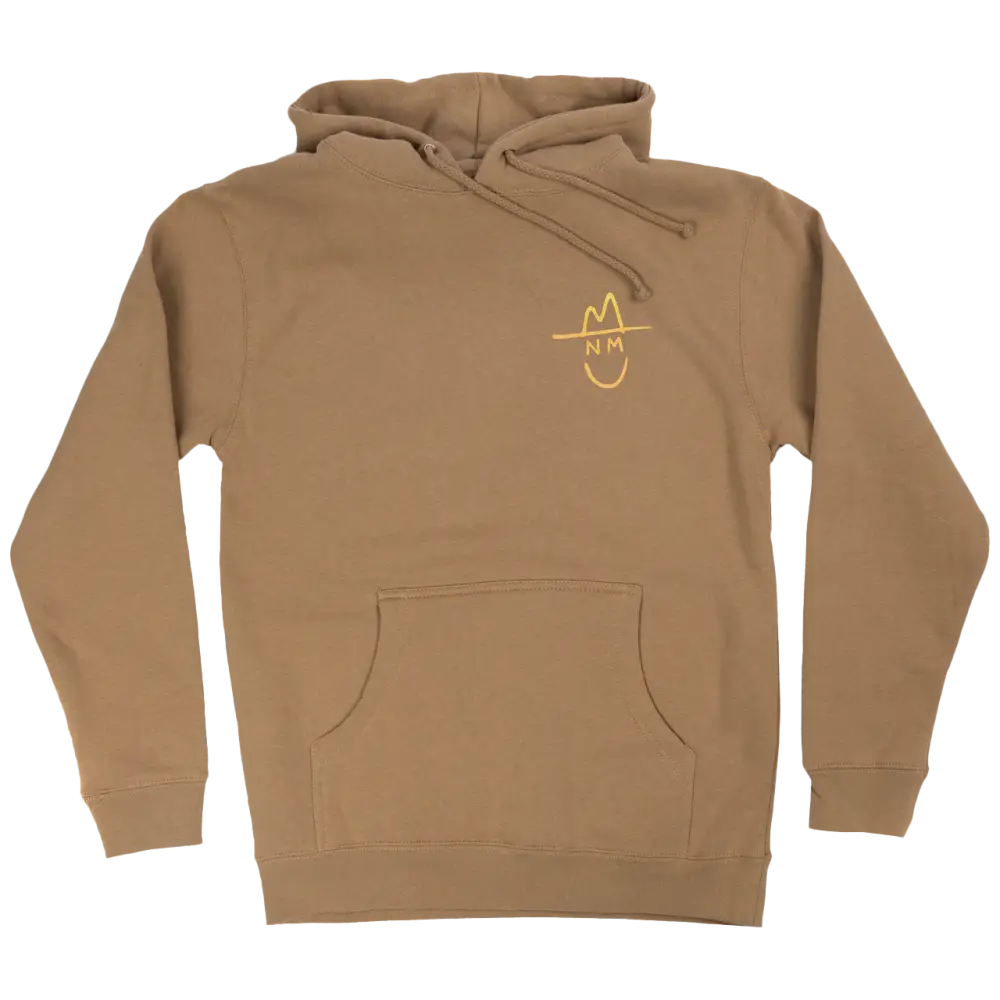 Tan hoodie sweatshirt with a yellow smiley face logo on the chest.