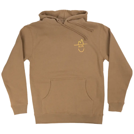 Tan hoodie sweatshirt with a yellow smiley face logo on the chest.