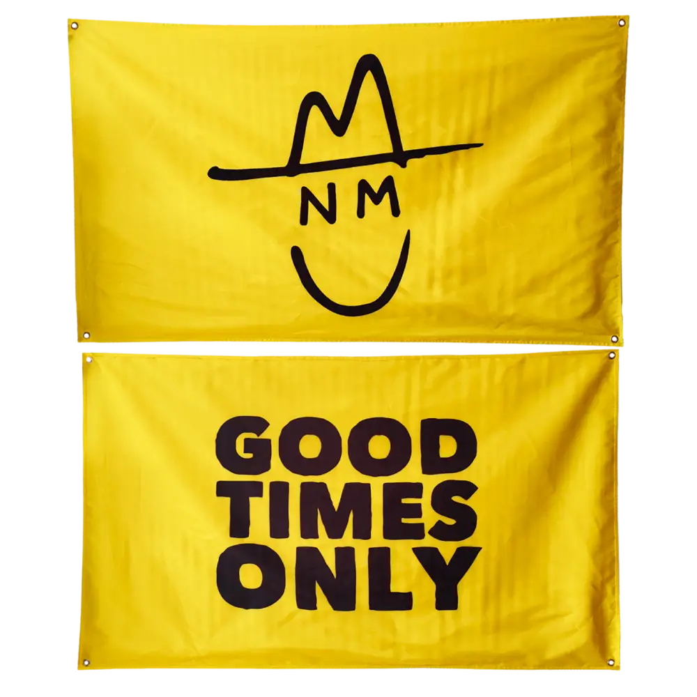Two bright yellow flags with black text and a simple graphic design.