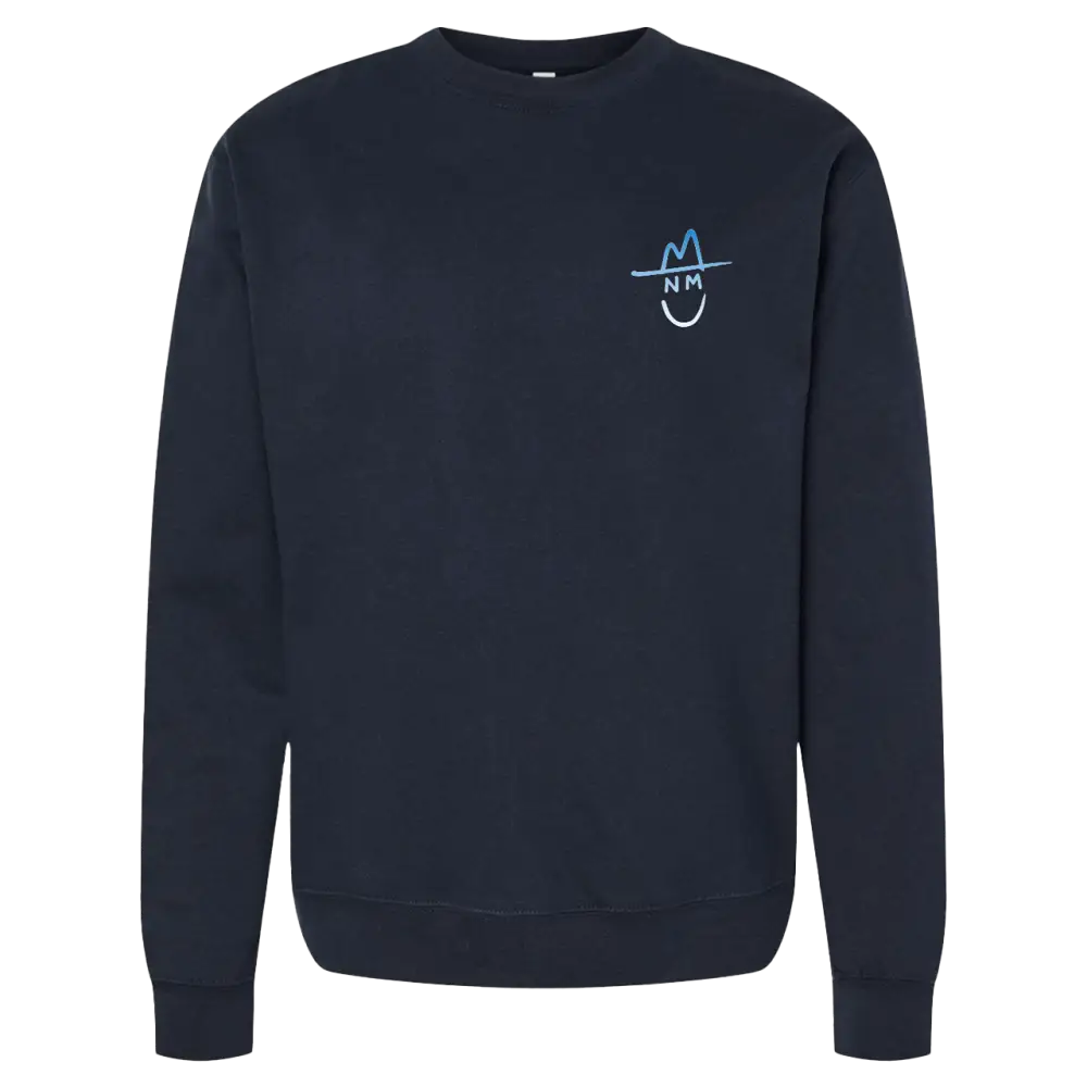 Navy blue sweatshirt with a small light blue smiley face logo on the chest.