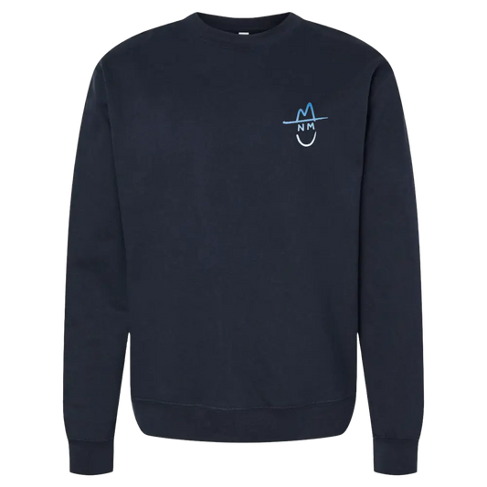 Navy blue sweatshirt with a small light blue smiley face logo on the chest.