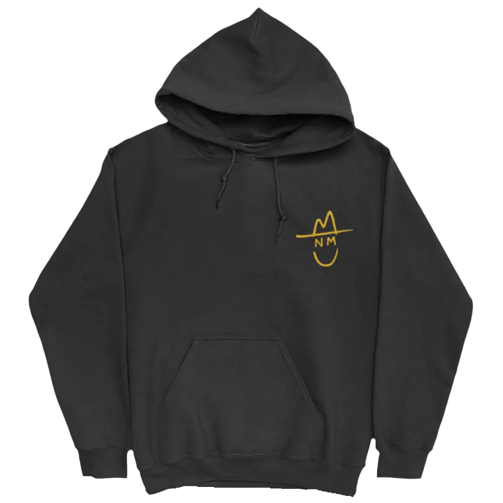 Black hooded sweatshirt with a small yellow smiley face design on the chest.