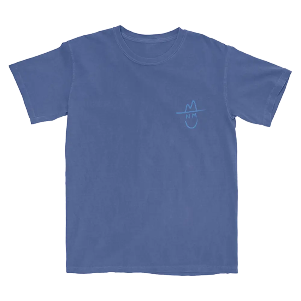 Blue t-shirt with a small minimalist graphic design on the chest.