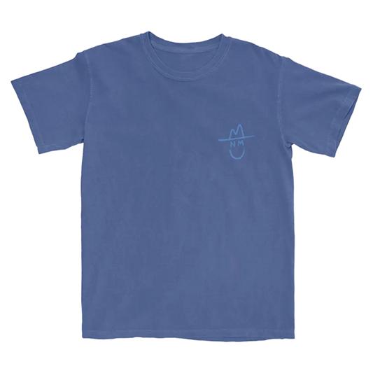 Blue t-shirt with a small minimalist graphic design on the chest.