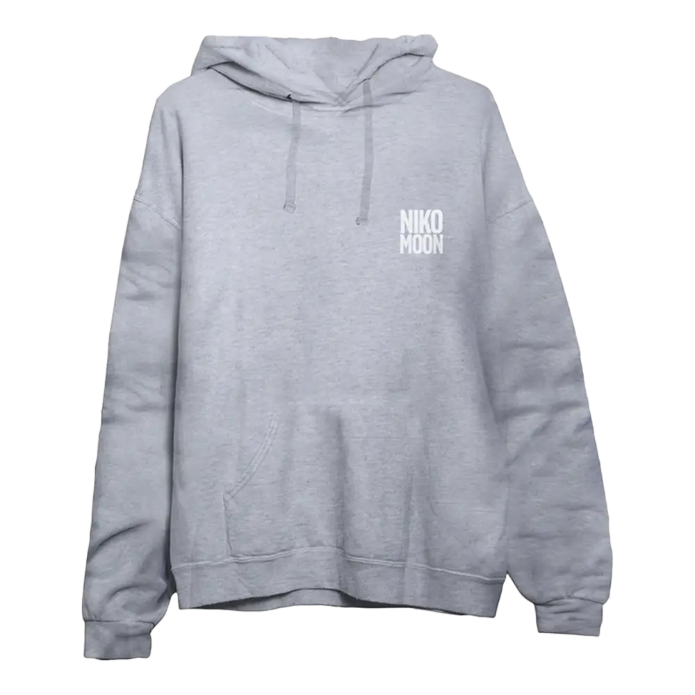Light gray hooded sweatshirt with ’NIKO MOON’ text on the chest.