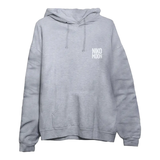 Light gray hooded sweatshirt with ’NIKO MOON’ text on the chest.