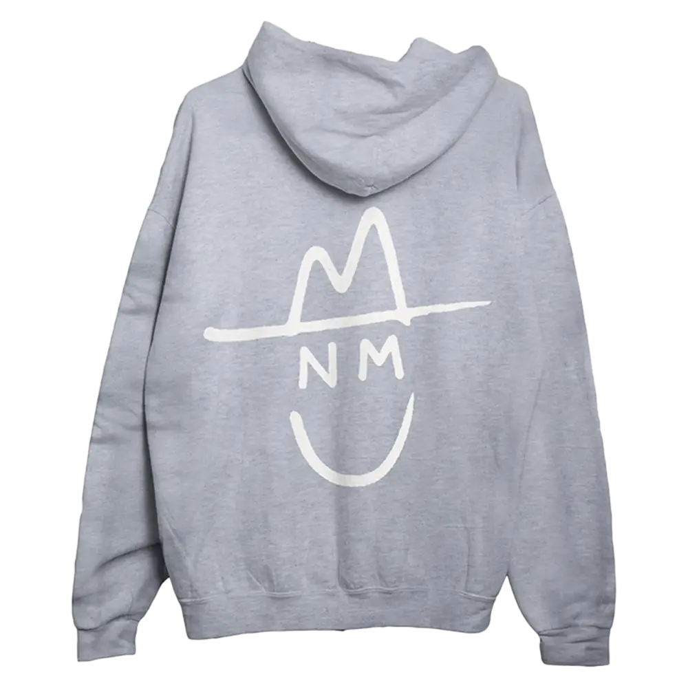 Gray hooded sweatshirt with a white stylized face design on the back.
