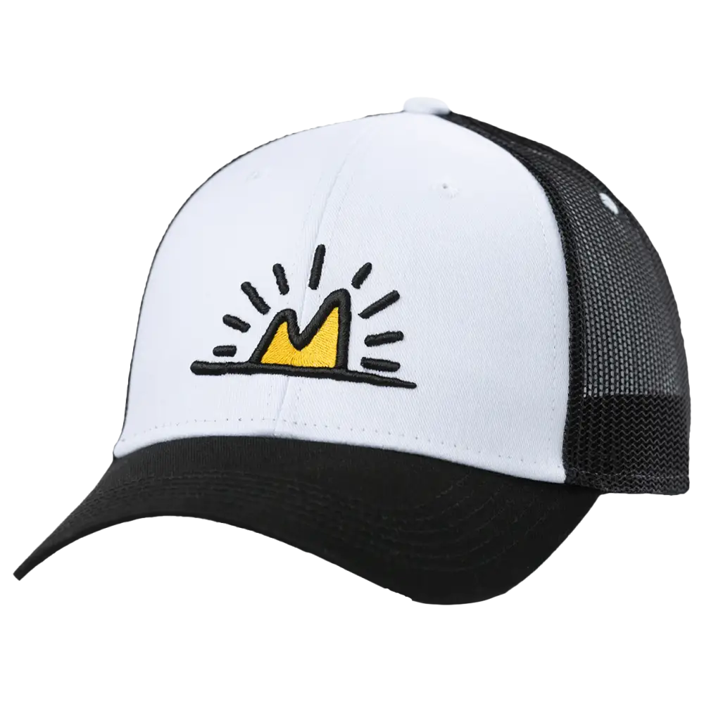 Trucker-style baseball cap with a yellow mountain logo on the front white panel.