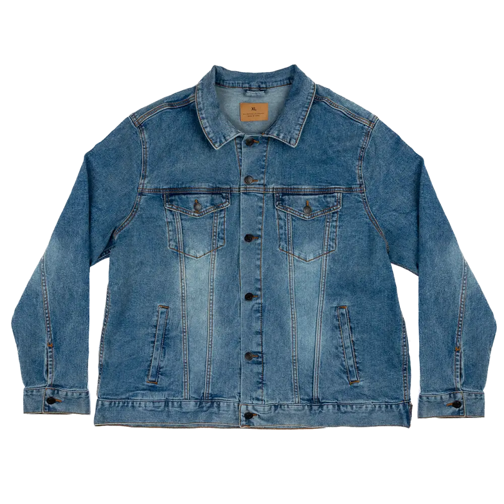 Blue denim jacket with button front closure and multiple pockets.