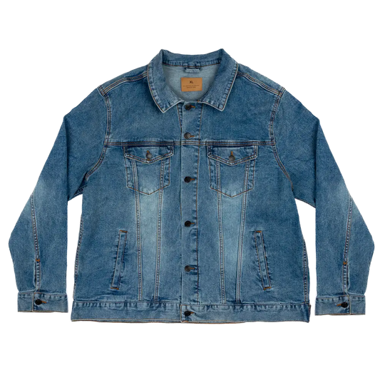 Blue denim jacket with button front closure and multiple pockets.