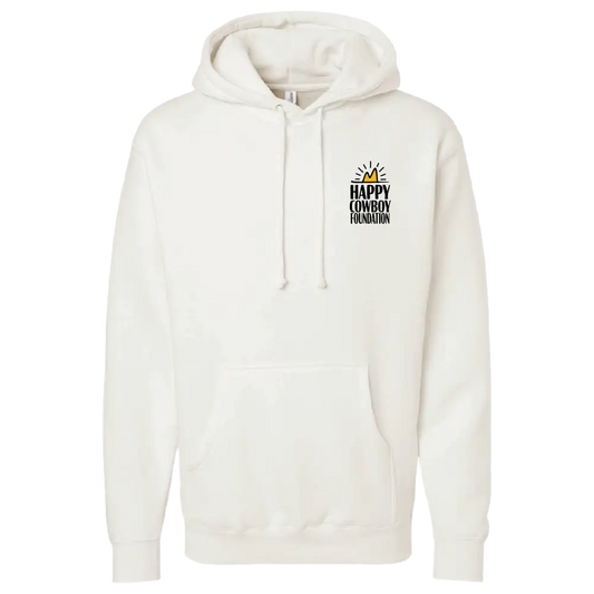 White hooded sweatshirt with a small colorful logo on the chest.