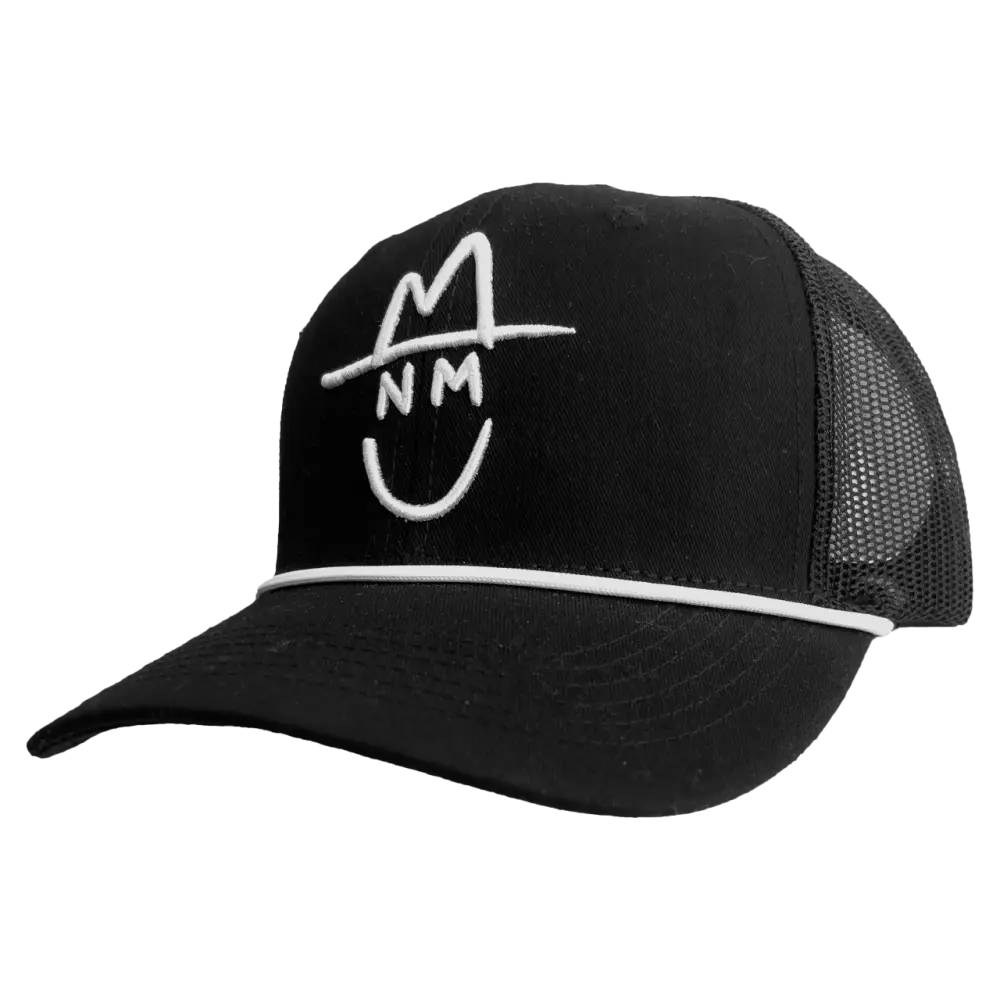 Black trucker-style cap with white embroidered ’NM’ logo design.