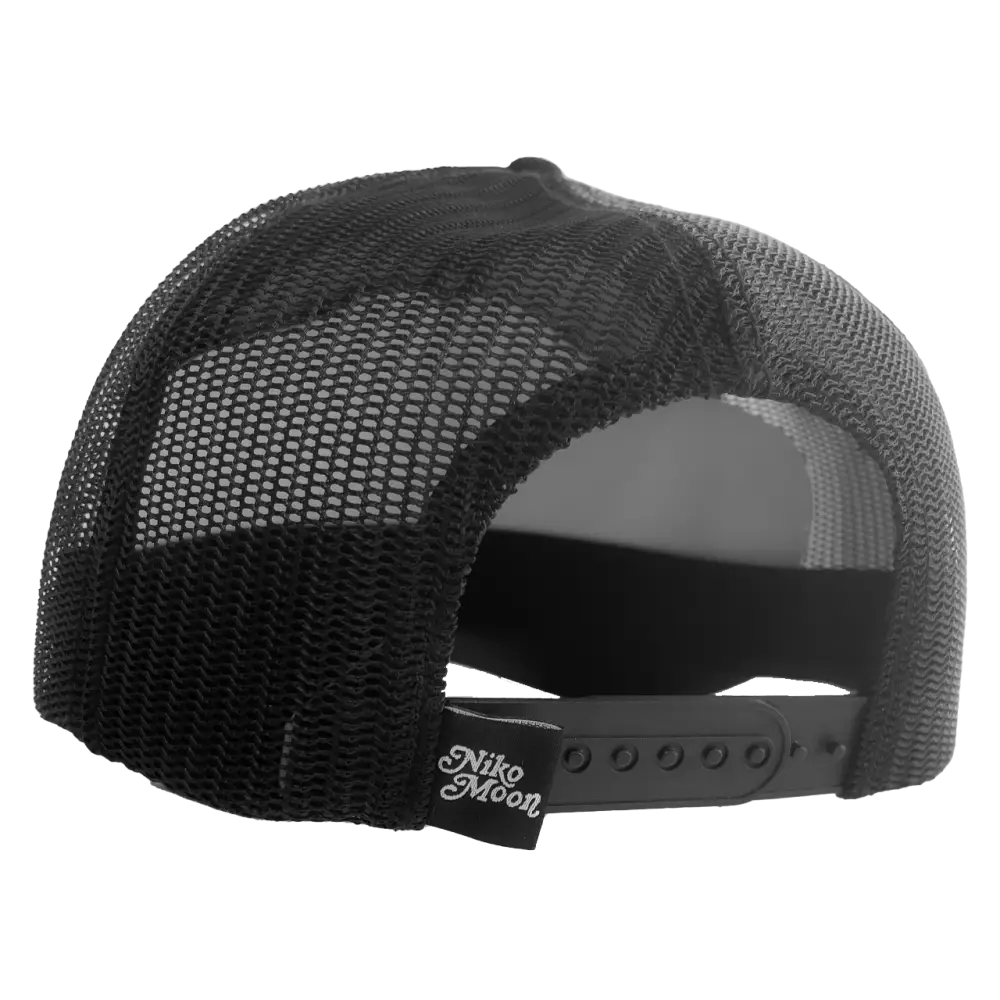 Black mesh trucker-style cap with an adjustable snap closure.