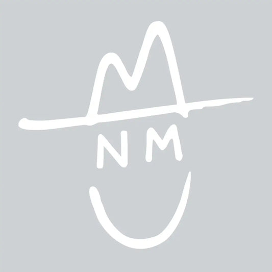 Stylized white logo combining the letters ’NM’ with a smiley face and mountain-like shapes.
