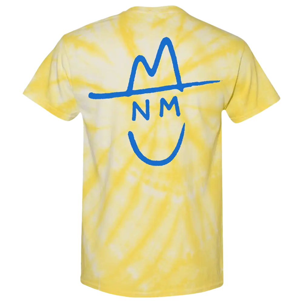 Yellow tie-dye t-shirt with a blue stylized face and ’NM’ logo design.