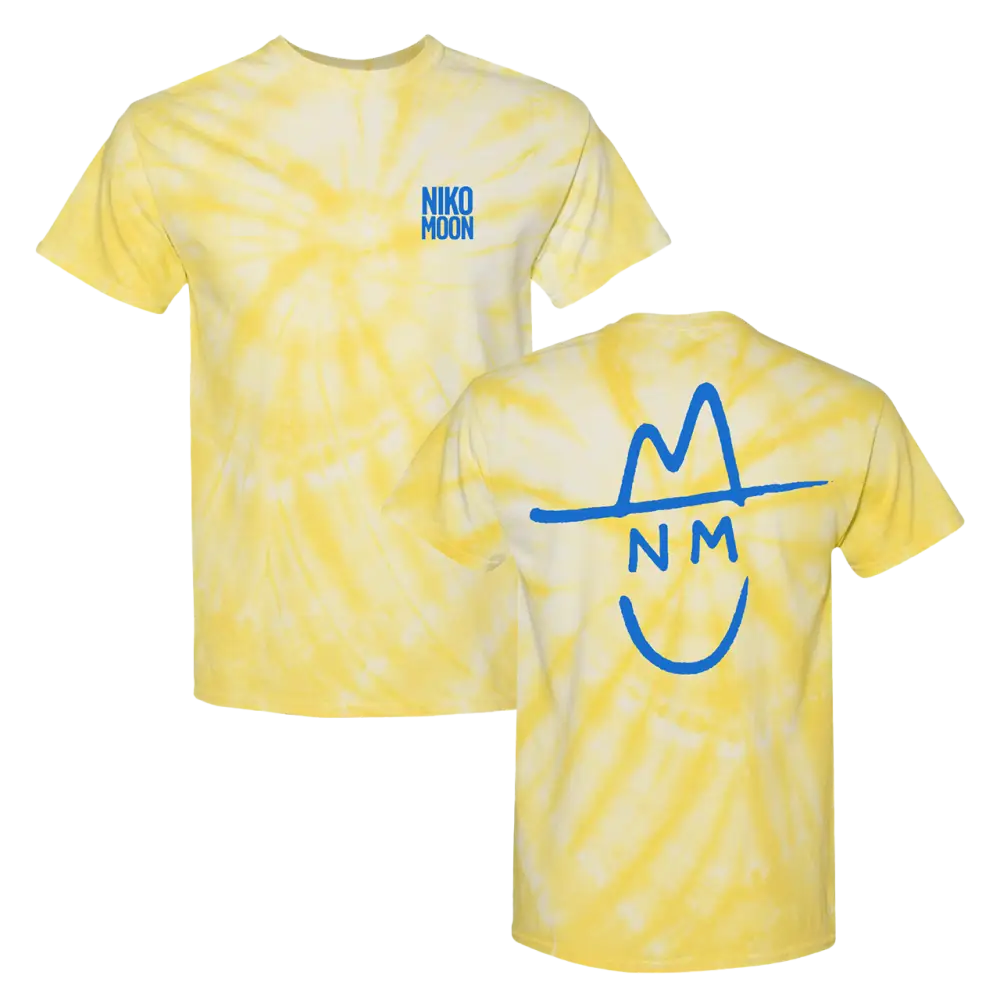 Yellow tie-dye t-shirt with blue ’Niko Moon’ logo and cowboy face design.