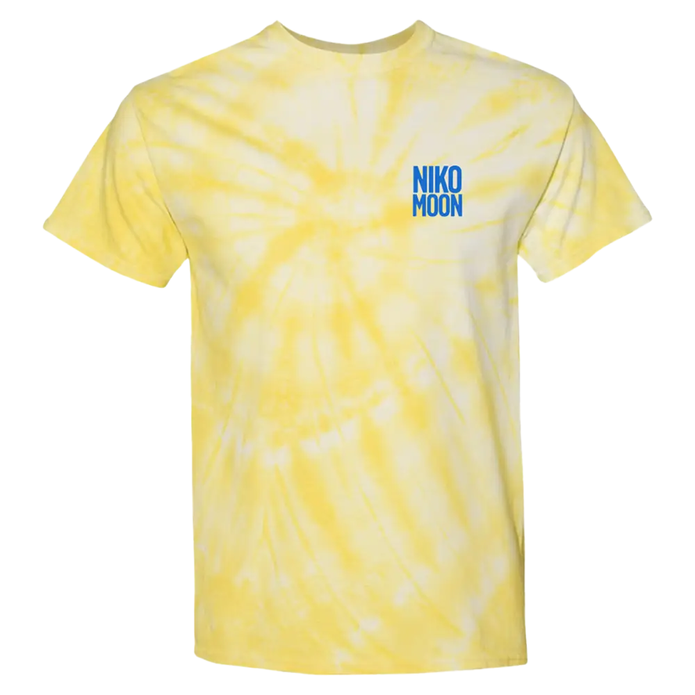 Yellow tie-dye t-shirt with ’NIKO MOON’ printed on the chest.