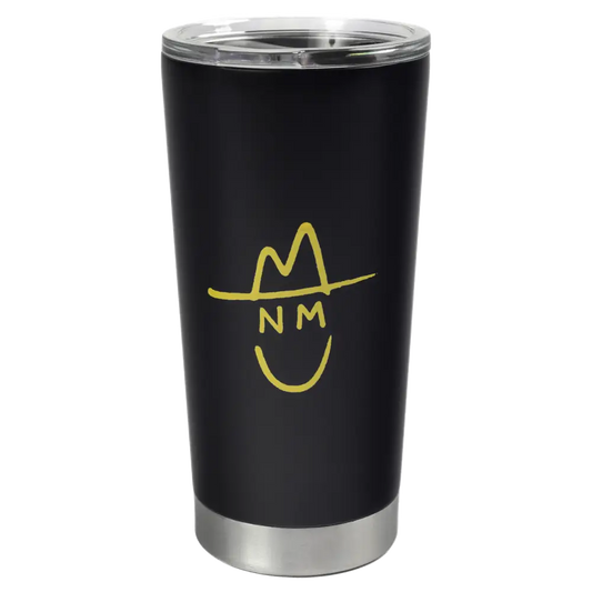 Black insulated tumbler with a yellow logo resembling a smiling face wearing a hat.